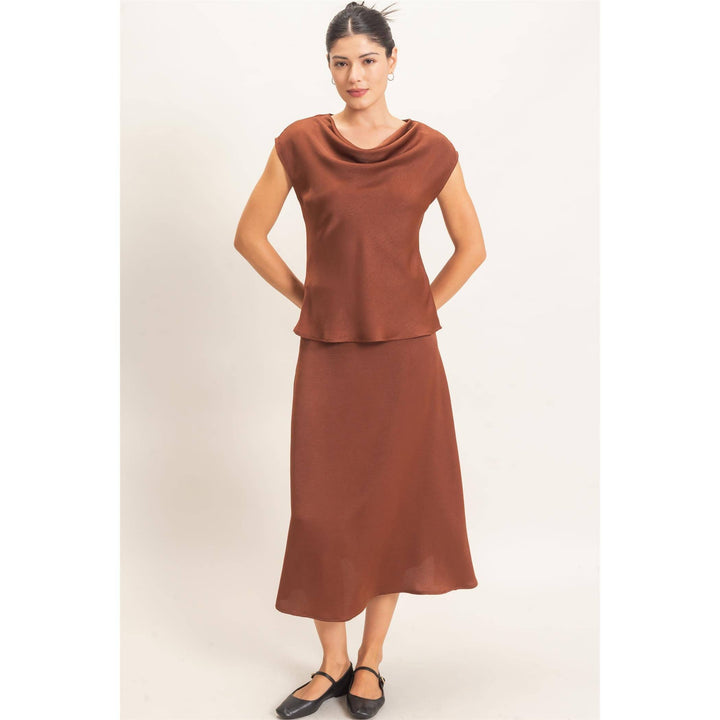 Brown Satin Top & Skirt Set