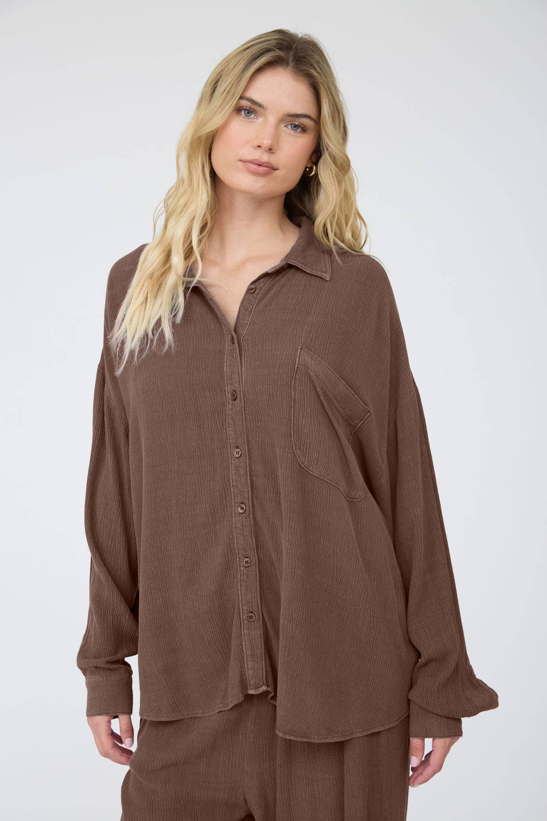 Mocha Crinkle Button Down Blouse