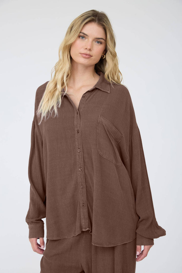 Mocha Crinkle Button Down Blouse