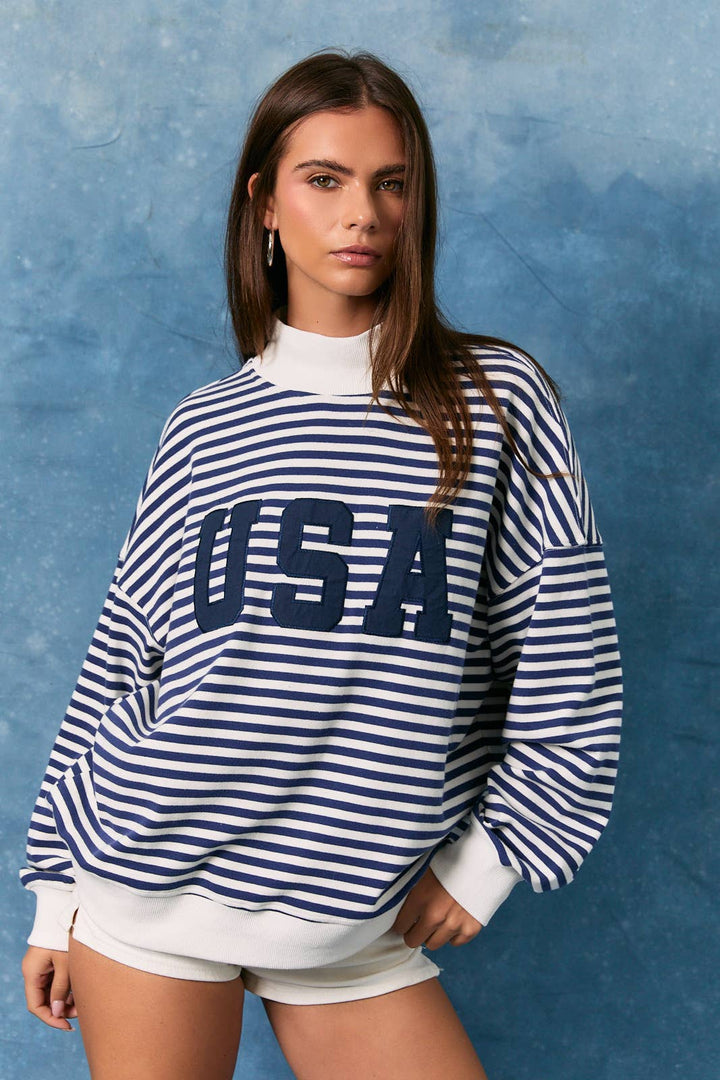 Navy Striped USA Mock Neck Sweatshirt