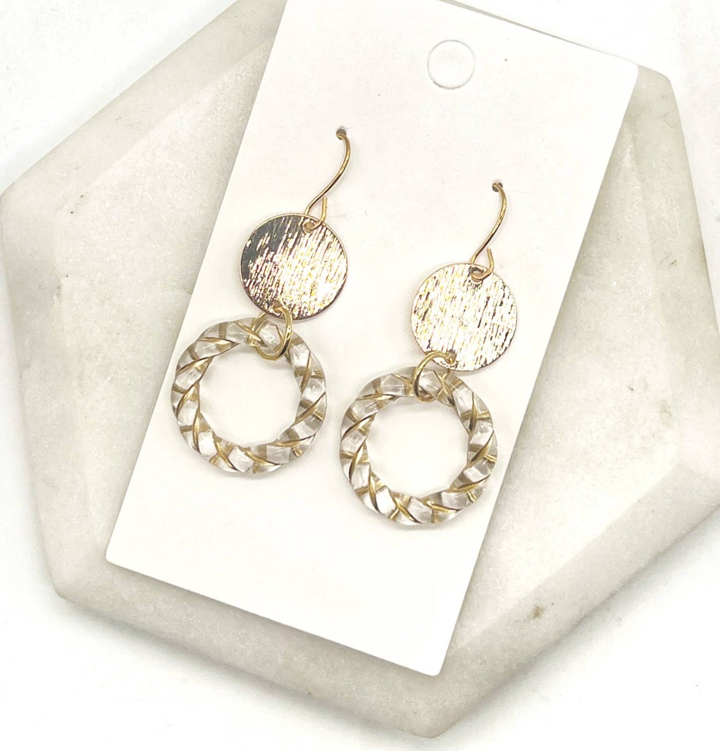 Gold Clear Twist Double Disc Earrings