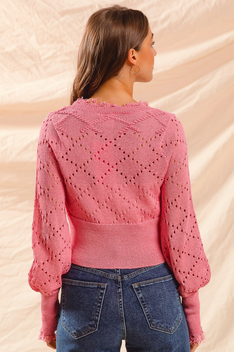 Pink Cable Knit Cropped Cardigan