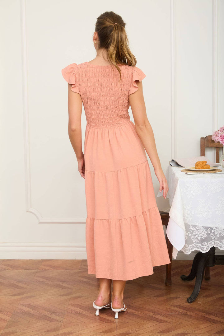 Peach Flutter Sleeve Smocked Midi Dress