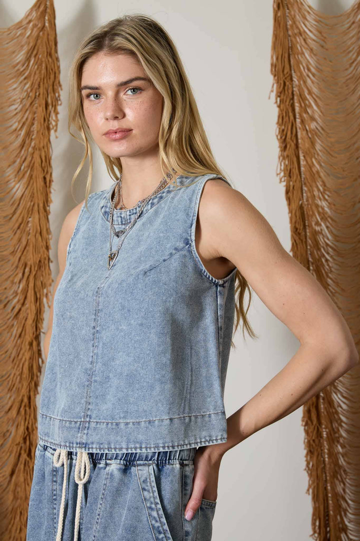 Denim Button Back Sleeveless Top