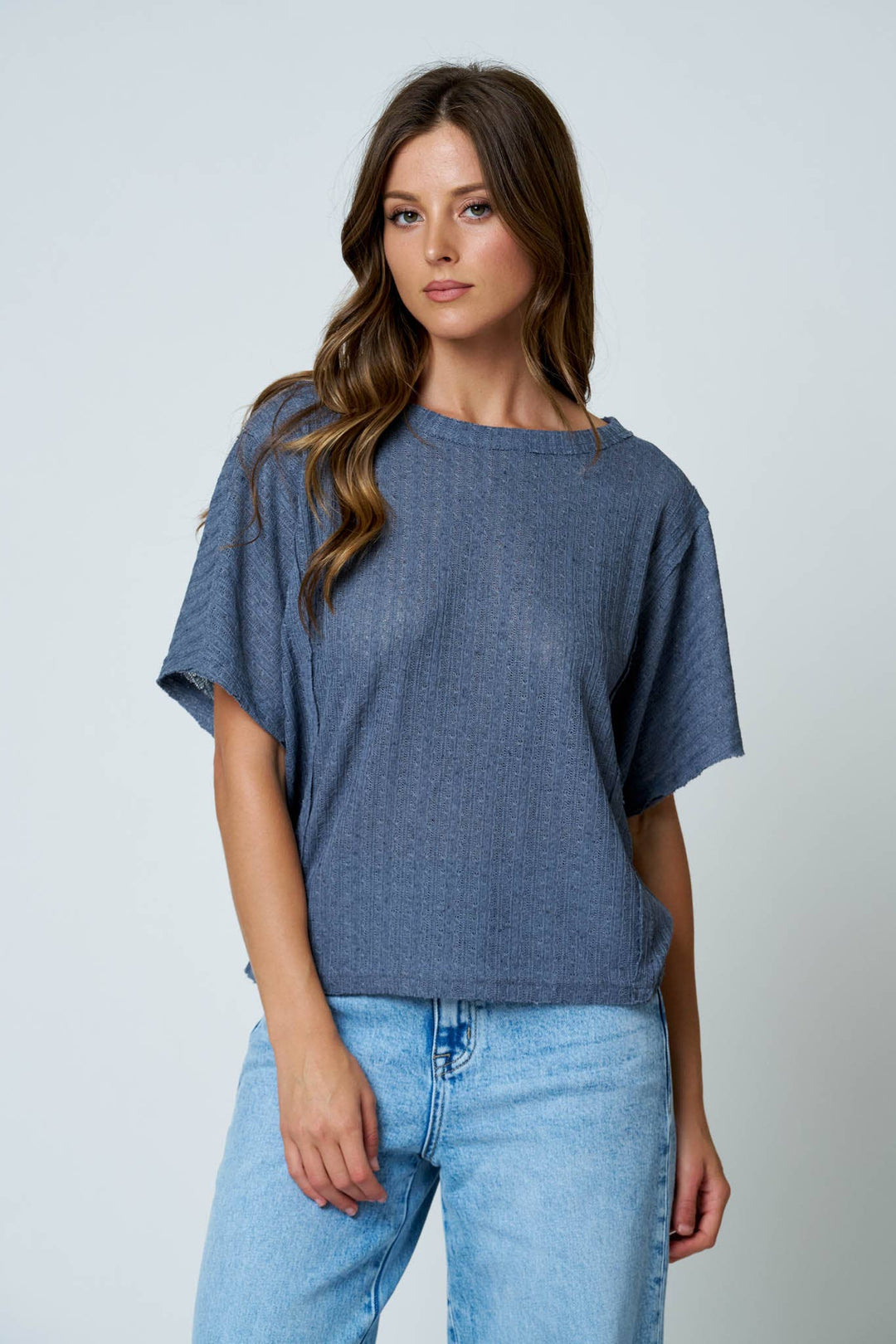 Dusty Blue Exposed Seam Dolman Top