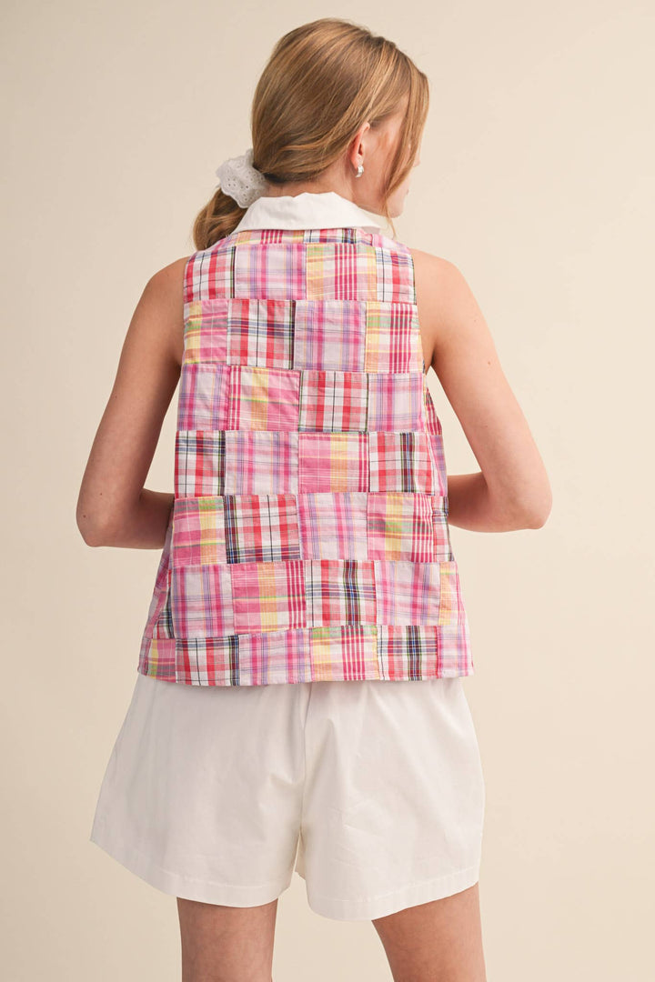 Pink Plaid Patchwork Sleeveless Top
