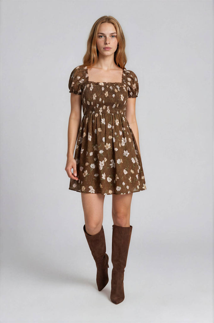 Brown Floral Smocked Mini Dress