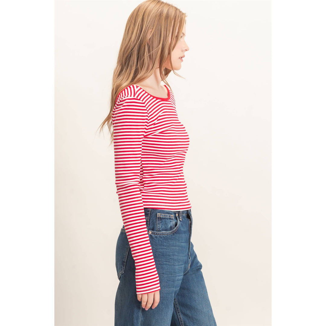 Red Striped Boat Neck Top