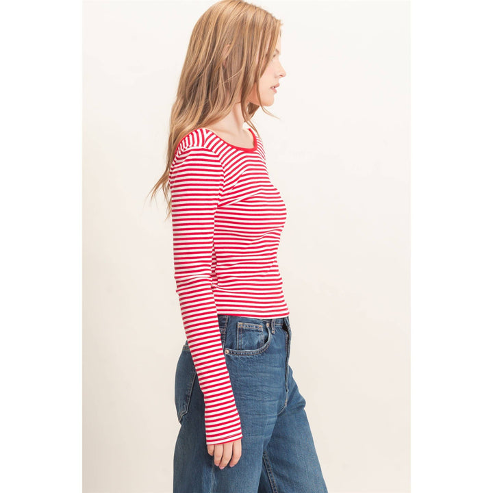 Red Striped Boat Neck Top