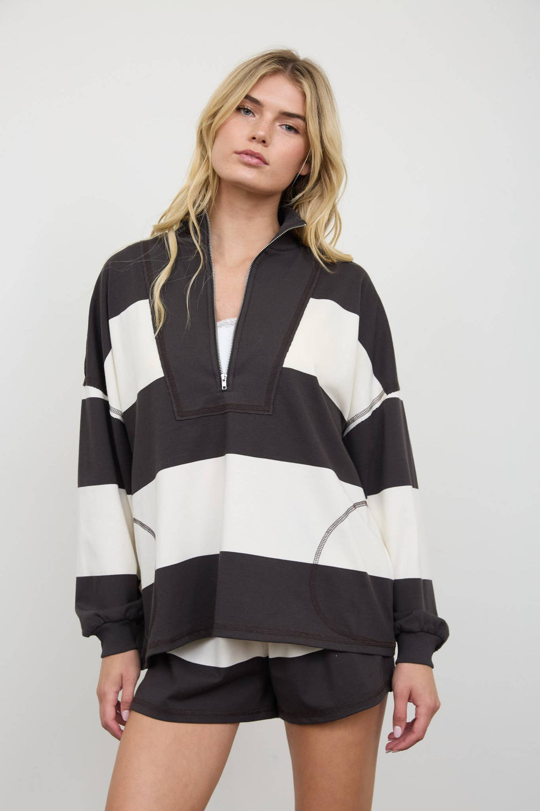 Charcoal Wide Stripe Half Zip Top