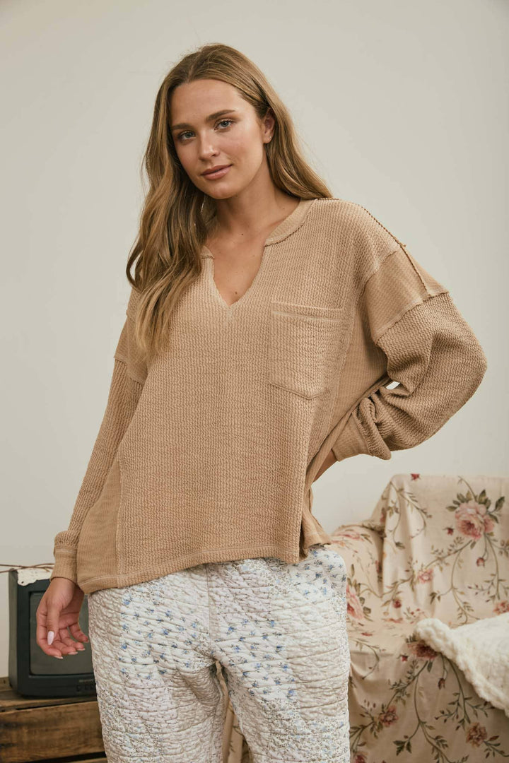 Khaki Split Neck Ribbed Top