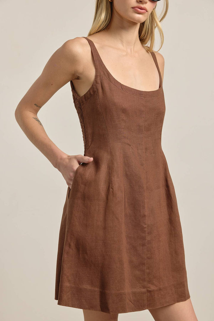 Brown Linen Square Neck Mini Dress