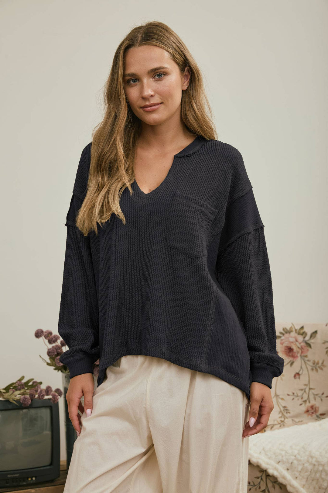 Charcoal Split Neck Ribbed Top