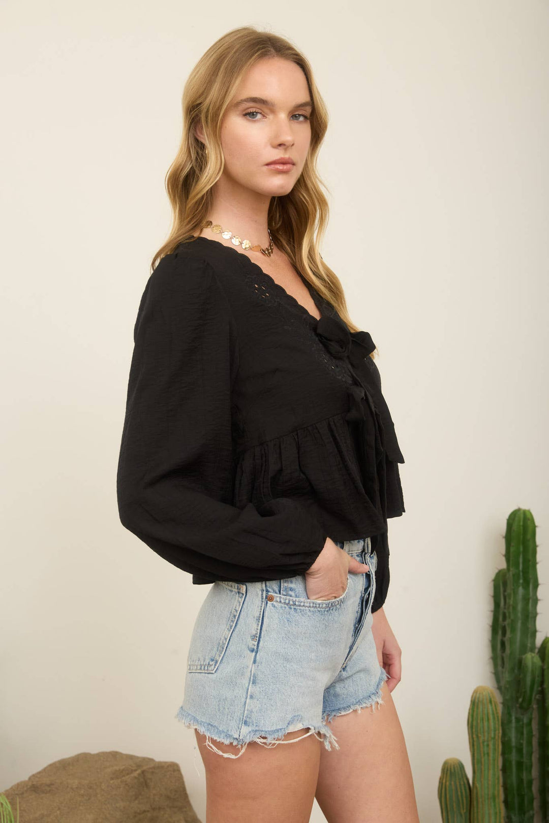 Black Floral Eyelet Front Tie Top