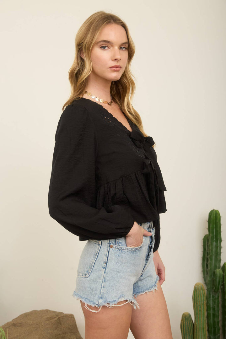 Black Floral Eyelet Front Tie Top