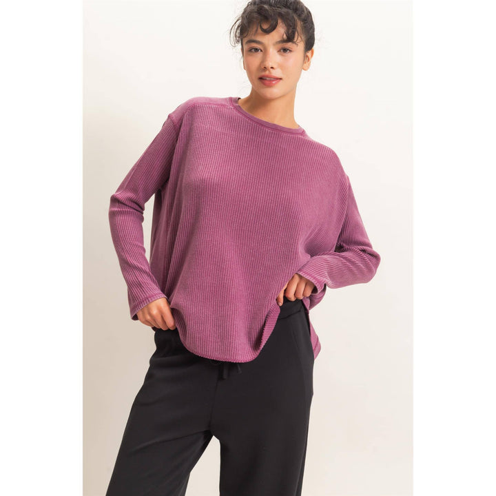 Dark Cherry Mineral Washed Waffle Knit Top