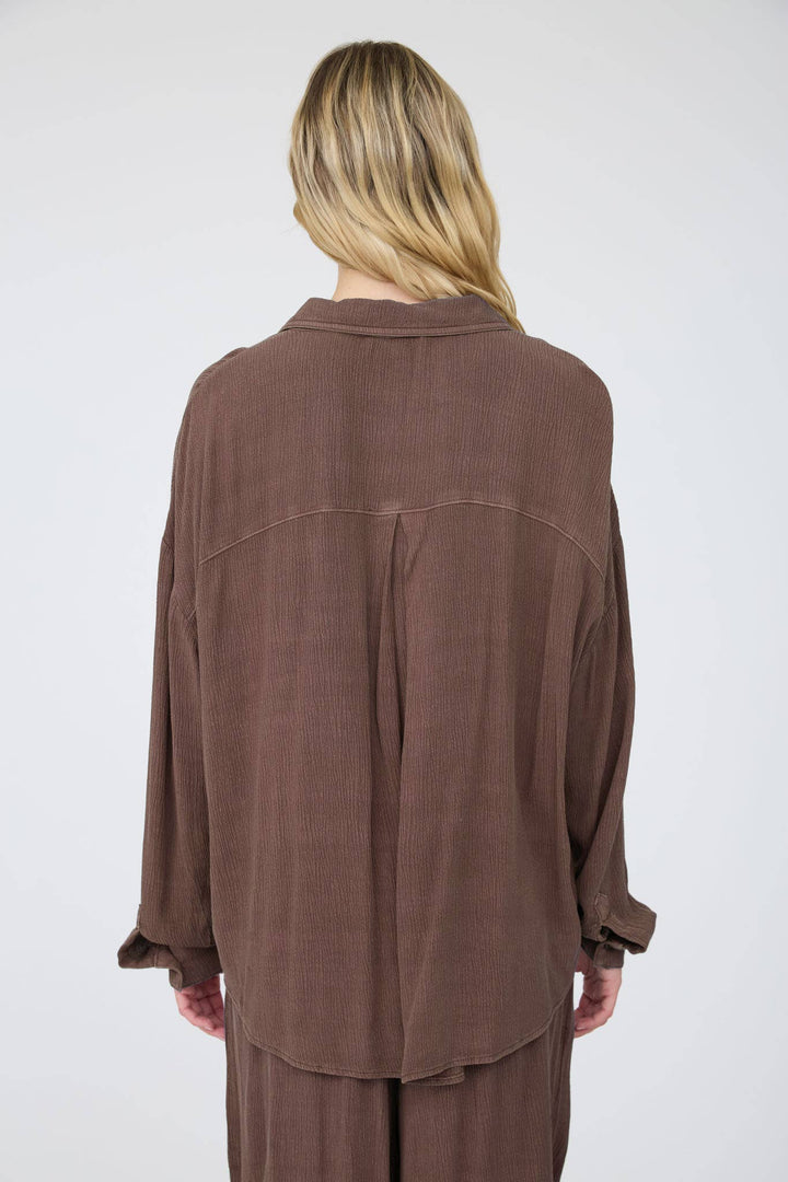 Mocha Crinkle Button Down Blouse