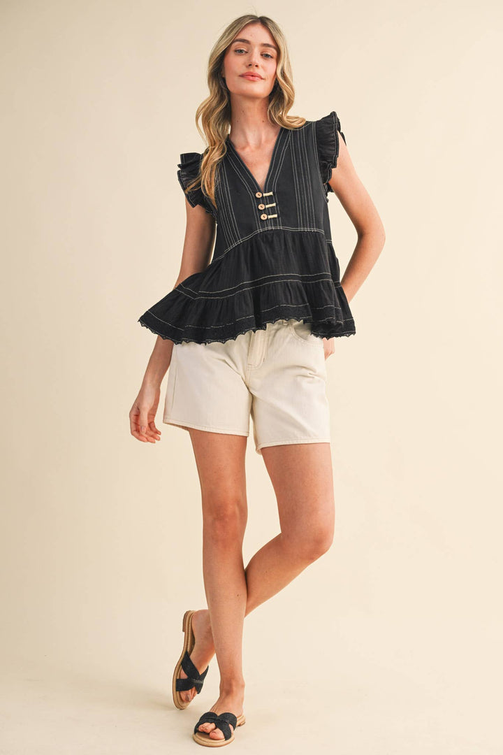 Black Stitch Lace Trim Top