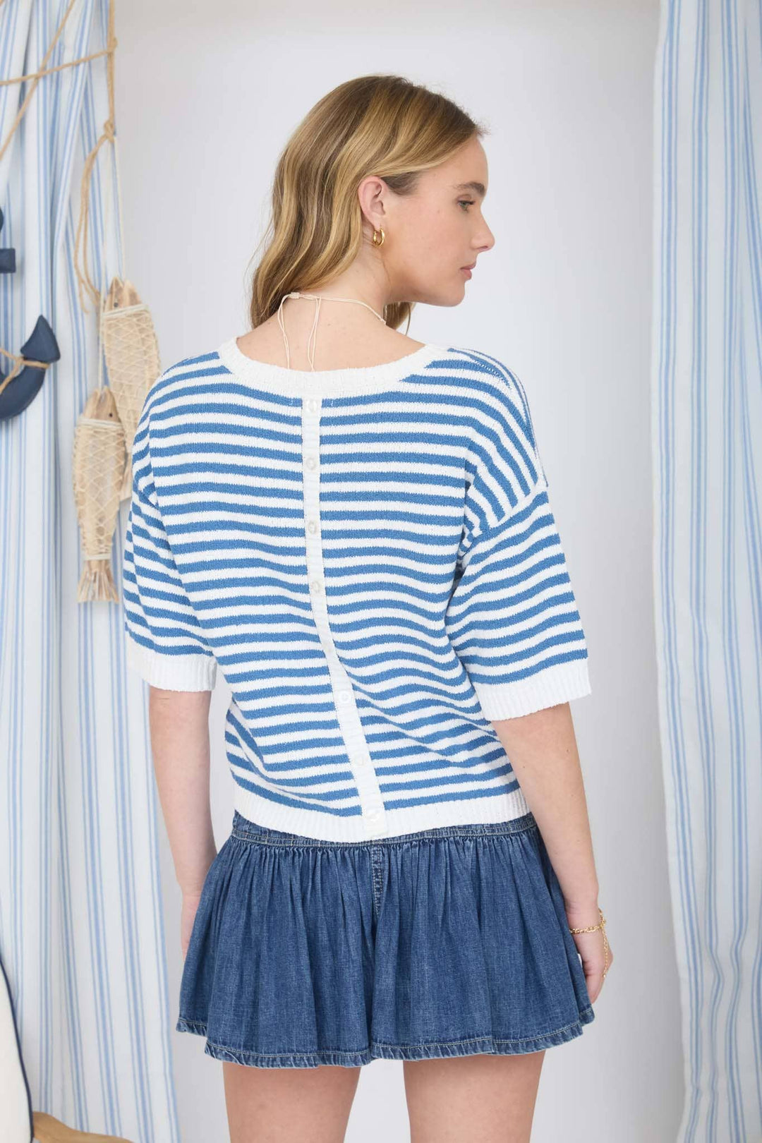 Blue Stripe Short Sleeve Sweater