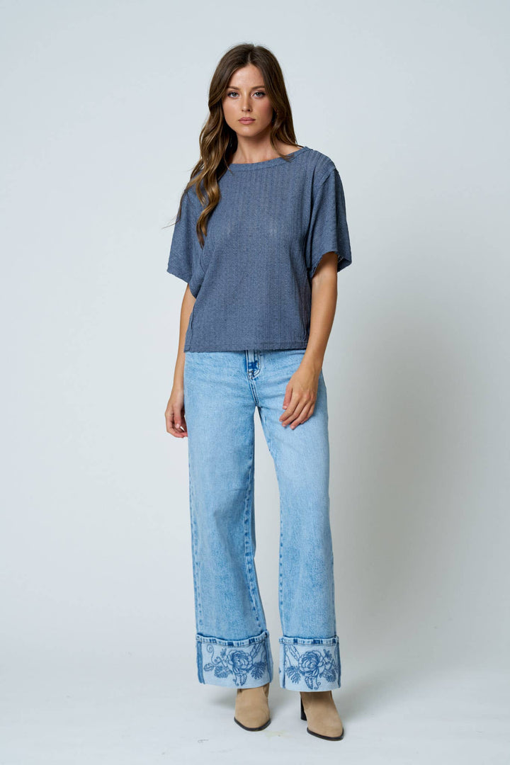Dusty Blue Exposed Seam Dolman Top