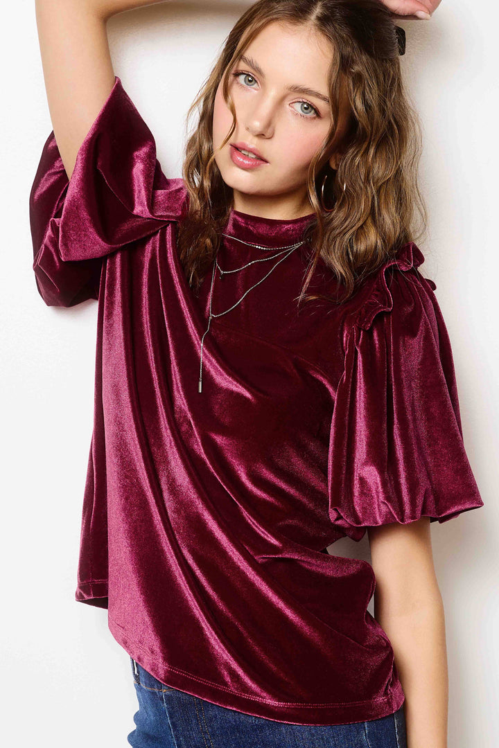 Garnet Velvety Puff Short Sleeve Top