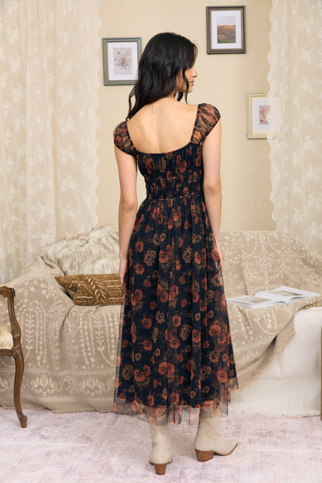 Black Floral Front Tie Midi Dress