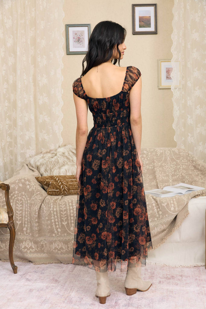 Black Floral Front Tie Midi Dress