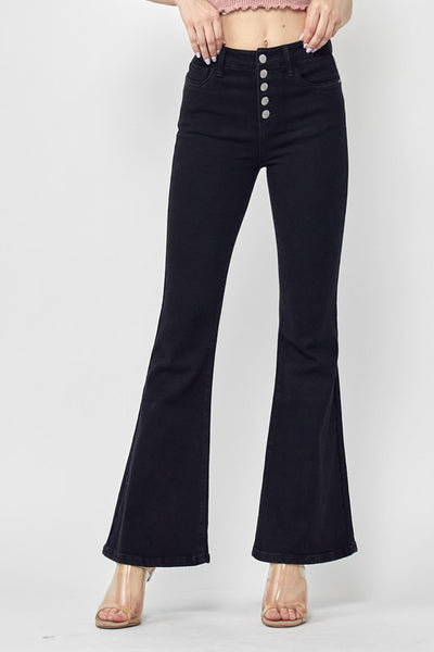 Risen Black High Rise Button Fly Flare Jeans